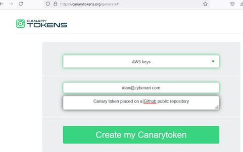 Creating a new token on CanaryTokens.org