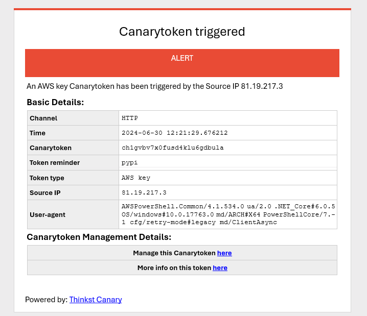 Email message indicating that a canary has been triggered