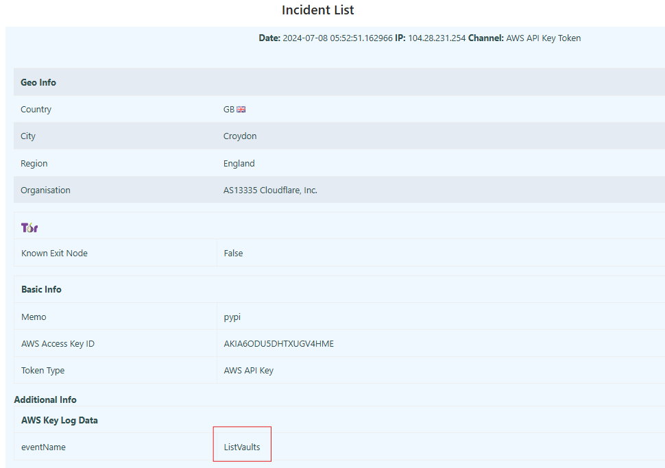 An access attempt using the pypi token that attempted to list all vaults