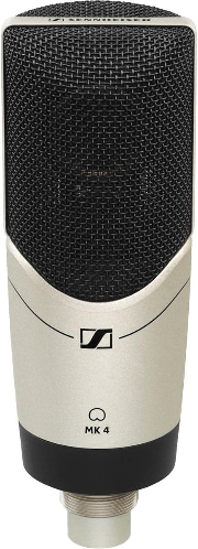 Silver and black microphone with a sleek design, featuring the text Sennheiser "MK 4" and a logo. The microphone grill is prominent.