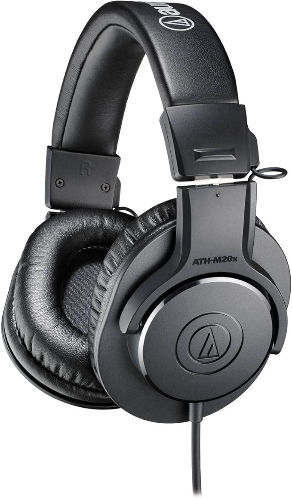 Black over-ear headphones with cushioned ear pads, branded "ATH-M20x" in silver. Thick headband featuring white logo on the top.