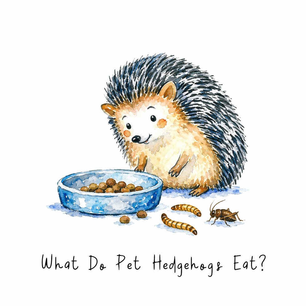 African pygmy hedgehog beside a shallow bowl of species-appropriate food and feeder insects