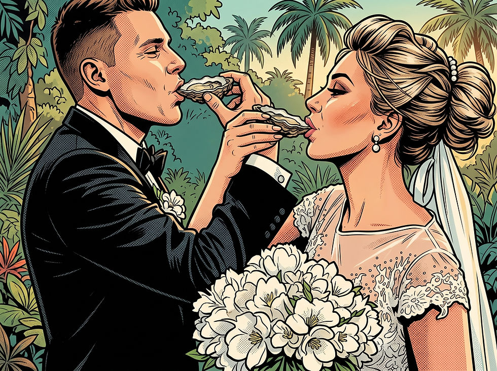 Animated bride and groom sharing freshly shucked oysters at their Palm Beach wedding