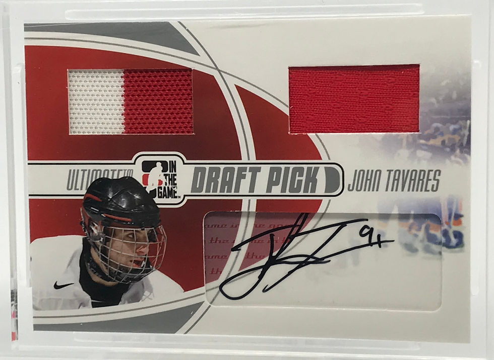 2008-09 ITG Ultimate Draft Pick John Tavares AUTOGRAPHED card with game-used jersey swatches from the 2007 ADT Canada/Russia Challenge