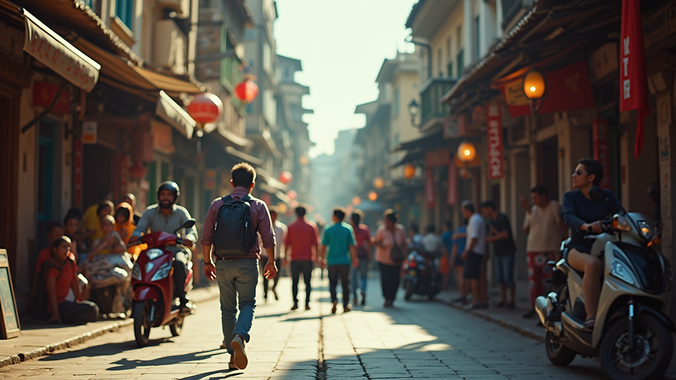 Eye-level view of a vibrant street showcasing local culture and bustling activity