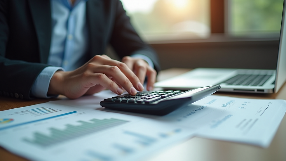 Close-up view of a person with a calculator and financial documents