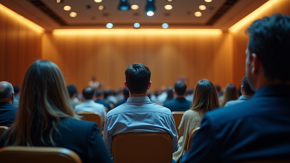 Eye-level view of a conference hall filled with attendees engaging in discussions