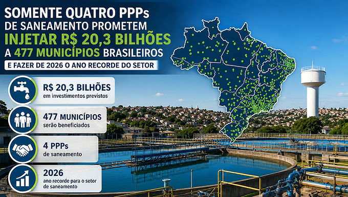 Somente quatro PPPs de saneamento prometem injetar R$ 20,3 bilhões a 477 municípios brasileiros e fazer de 2026 o ano recorde do setor