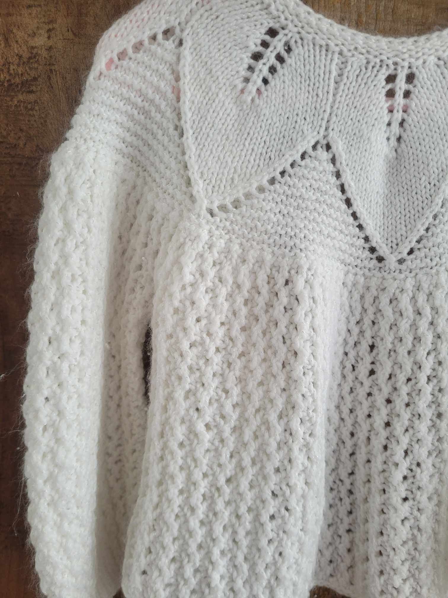 Childrens hand knit sweater, Lacey Leaves, Cream Acrylic Yarn, size 1-3y