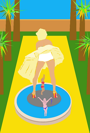 Celebrating the Feminine more shenanigans by two women underneath Marilyn Monroe