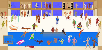 Palm Springs Pool Party, a digitally created mid century estate filled with naked men dancing and cavorting about the pool