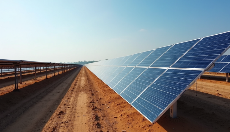Eye-level view of a large solar farm in India with rows of solar panels under a clear sky