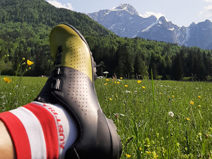 Wolfgang Schille, macht beim Gravelbiken Pause mit Blick auf Mangart, Italien in herrlicher Frühlingswiese voll mit blumen frischen Gräsern bei strahlend blauem Himmel in lässige Austria Socken und denkt über Tourismus, Hospitality, Camping, Glamping, Bett+Bike nach