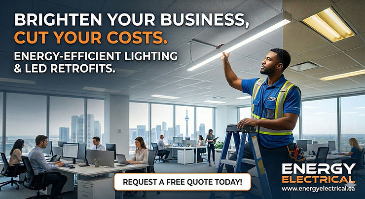 Located under the Energy-Efficient Lighting & LED Retrofits section, this image illustrates commercial lighting solutions. It visually represents the high-efficiency and low-maintenance lighting retrofits that the company installs to help businesses cut energy costs and brighten their spaces.
