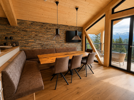 Sitzecke Esszimmer Eckbank mit Balkon und Panoramaaussicht Chalet Cembra