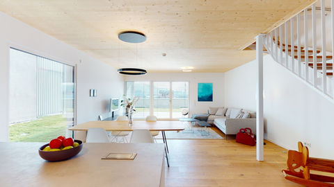 Merz Objektbau Architektur Projektentwicklung LIAS Quartier Aalen Wohnen Einzelhandel Mixed Used Innenraum Gebäudedetails Wohnzimmer Essbereich Fotografie