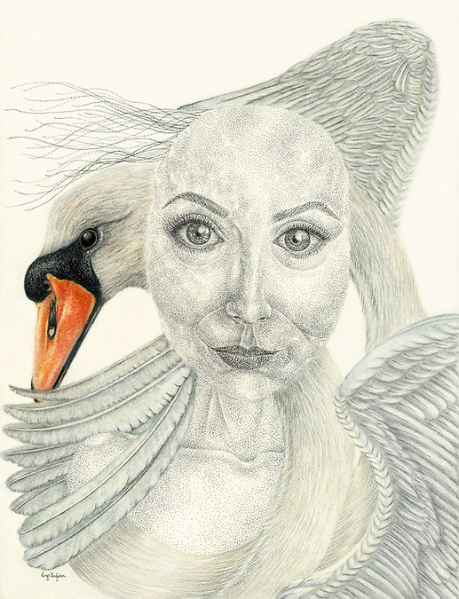 A woman's face in pointillism looks out to the viewer. She is bald except for a few strands of hair that stretch out to the left of the page. There are three swan necks encircling the woman's torso and neck, covering her chest. A swan's head emerges from the left of the woman's face, drawn in pencil in shades of white, cream and grey with a bright orange beak. Three sets of wings also encircle, at the top, left, and right side of the page, in shades of white, cream and blue.
