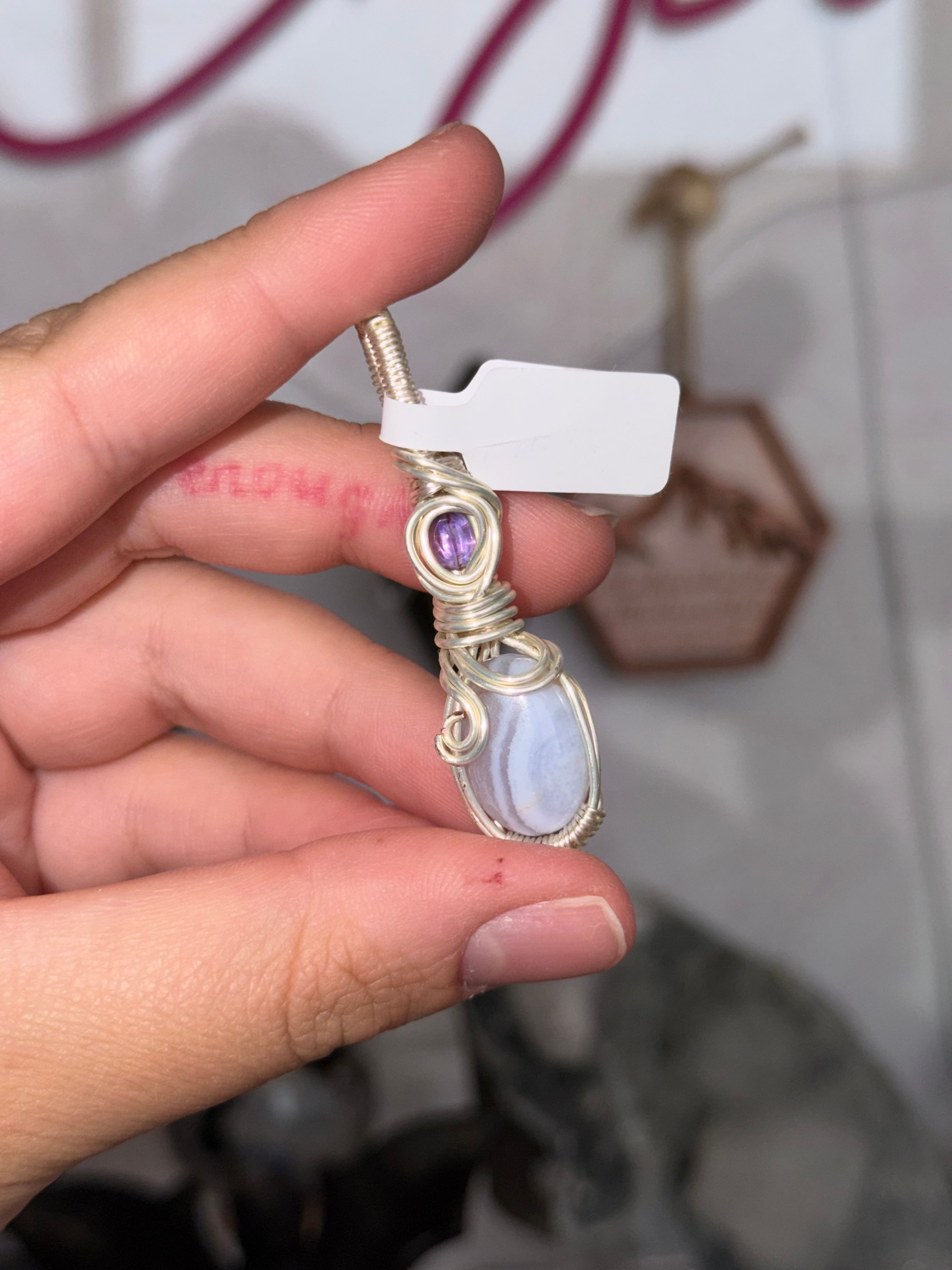 Blue Lace Agate x Amethyst wire wrapped pendant 
