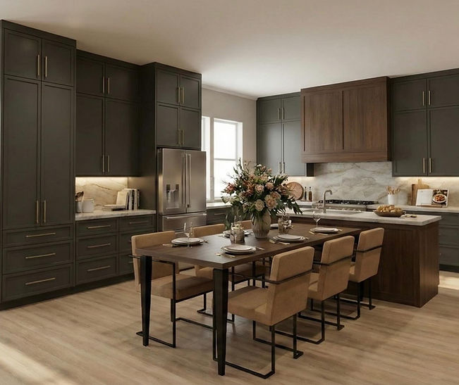 Modern kitchen design featuring dark green cabinetry, wood island, quartzite countertops, and integrated dining area