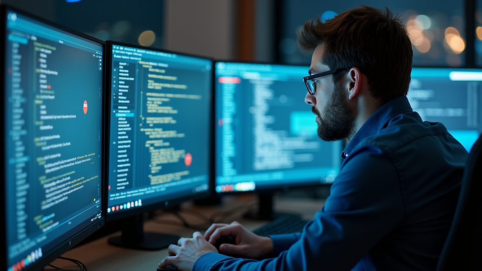 Eye-level view of a cybersecurity analyst reviewing network data on multiple screens