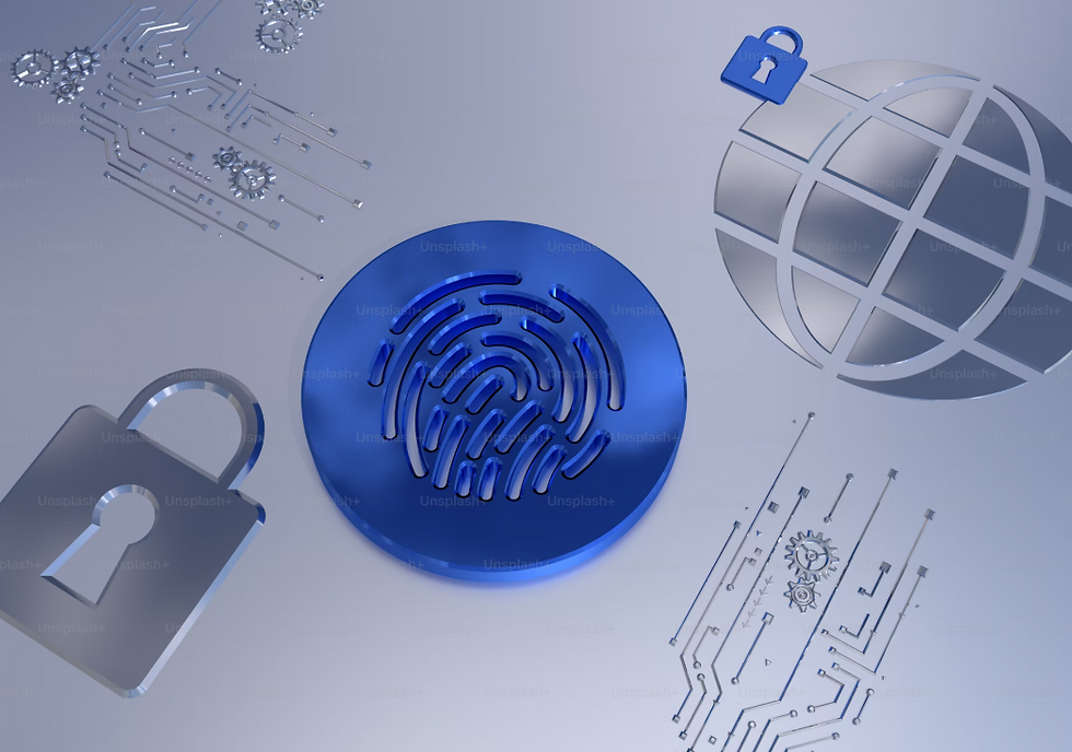Blue fingerprint, circuit patterns, globe, and padlocks on a digital-themed background, symbolizing cybersecurity and connectivity.