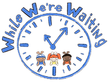 While We're Waiting App Logo: A blue illustrated clock with three children with varying skin tones on the clock face