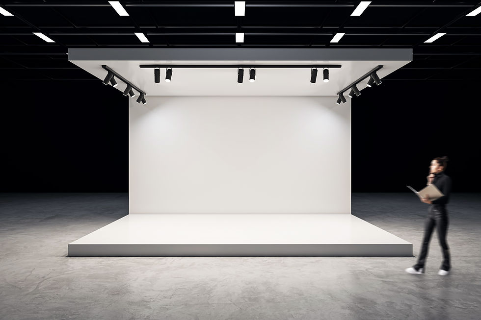 A clean exhibition stand in a modern interior with blank background, suitable for branding