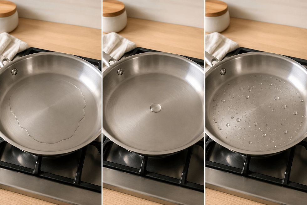 Three water-drop behaviors showing a cool, ready, and overly hot stainless steel pan.