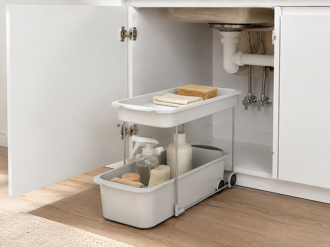 Handled storage caddy pulled forward from beneath a kitchen sink