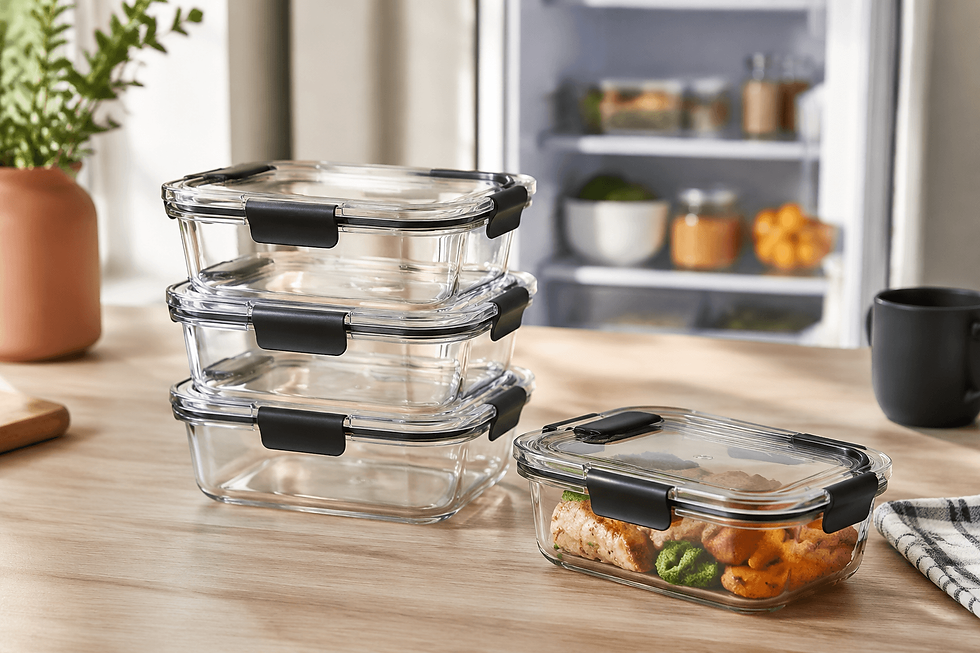 Clear glass leftover containers with airtight lids, shown as a practical option for storing and seeing prepared food in the refrigerator.