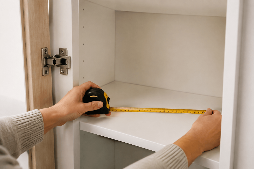 Hands measuring the usable width, depth and height of a small pantry shelf before buying organizers.