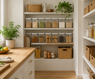 Bright organised kitchen pantry with clear food containers, woven storage baskets and plants