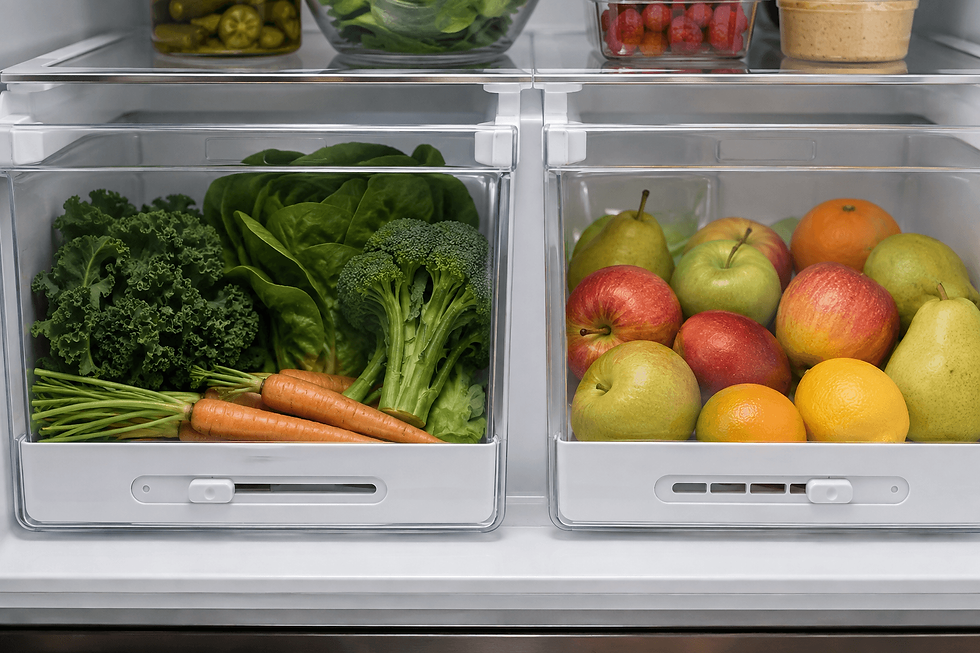 Separate high- and low-humidity crisper drawers for vegetables and fruit.
