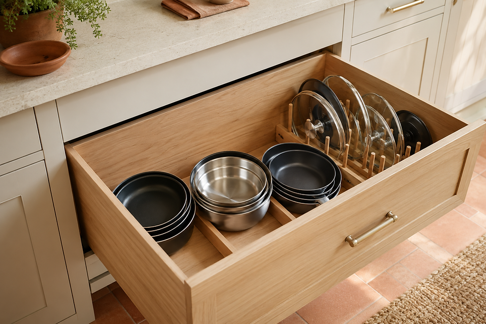 Deep kitchen drawer with pans and lids arranged for easy access without tall mixed stacks.