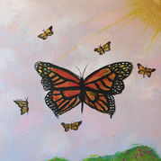 Painted monarch butterfly with smaller butterflies floating above green hills under soft sun rays.