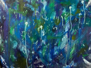 Abstract painting with shades of blue, green, and white, featuring dripping and splattered patterns. The mood is vibrant and fluid.