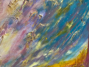 Abstract painting with textured brush strokes in purple, blue, and gold. Swirling patterns evoke a dynamic, dreamy atmosphere.