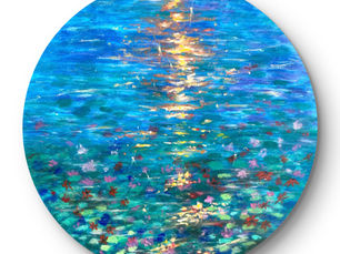 Circular painting of a vibrant, abstract water scene with reflections and colorful flowers. Bright blues, greens, and warm gold hues.