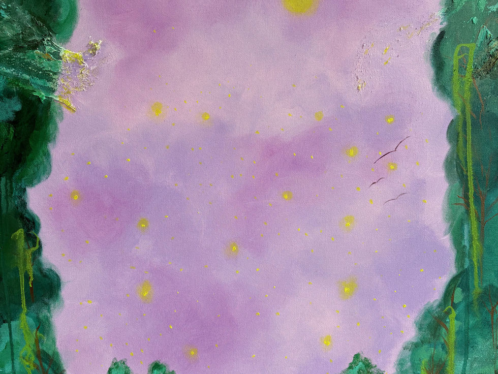 violet and green abstract textured painting with little deer painted in the middle. forest like 