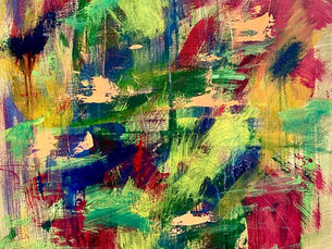 Abstract painting with vibrant strokes of red, green, blue, and yellow. Energetic and chaotic, creating a dynamic and colorful mood.