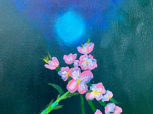 Pink flowers on a green stem against a deep blue background with a glowing blue orb, creating a serene and mystical atmosphere.