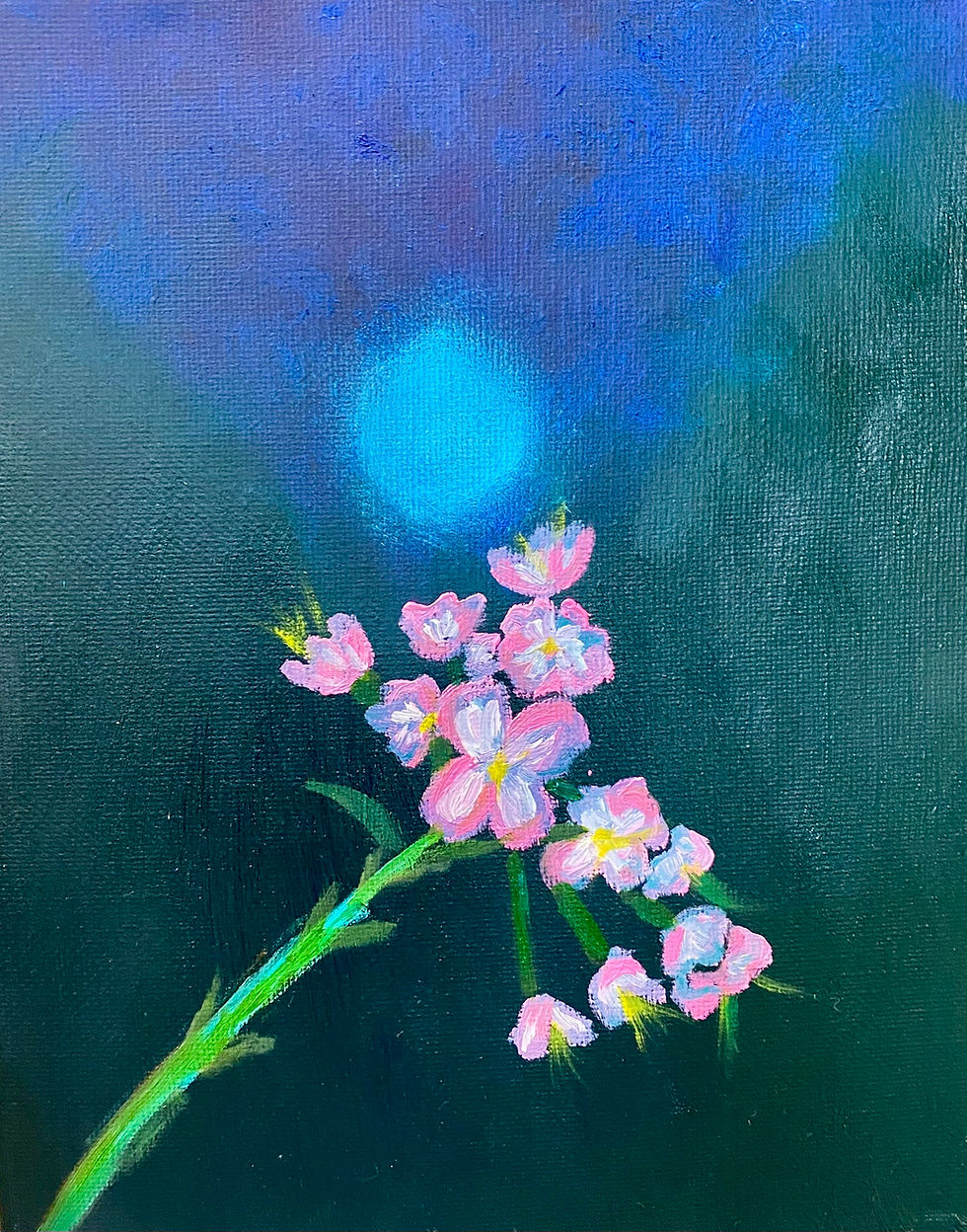 Pink flowers on a green stem against a deep blue background with a glowing blue orb, creating a serene and mystical atmosphere.