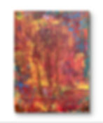 Abstract painting of trees on a warm background with red, orange, and yellow hues, accented by splashes of vibrant blue.