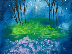 Abstract painting of a mystical forest. Dark tree silhouettes against a vibrant blue sky. Green grass and pink flowers create a serene mood.