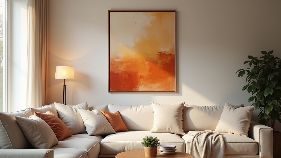Close-up view of abstract art with warm tones hanging in a cozy living room