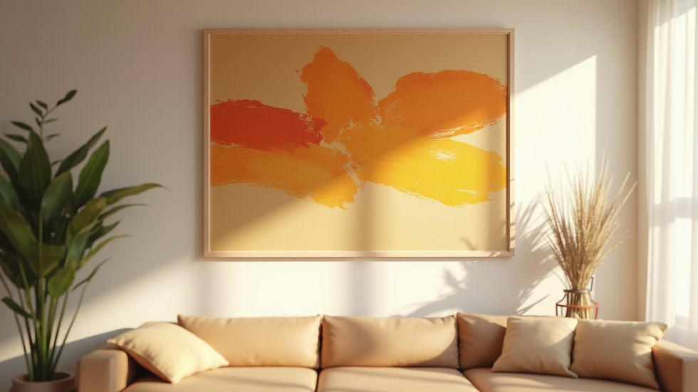 Close-up view of textured abstract art with warm colors hanging in a bright healing room