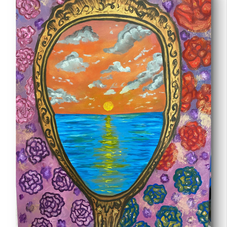 original oil painting of a mirror and ocean landscape