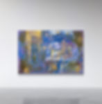 Abstract art with blue, yellow, and white colors is hanging on a white wall.