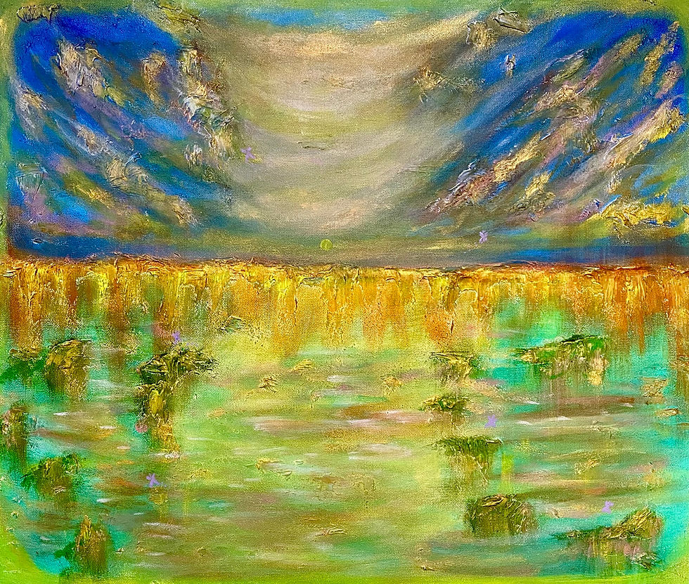 blue and green seascape with abstract brushstrokes