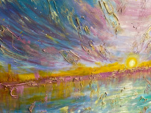 Abstract painting of a sunset over water with textured brush strokes. Colors: blue, yellow, purple. Reflective mood with vibrant hues.